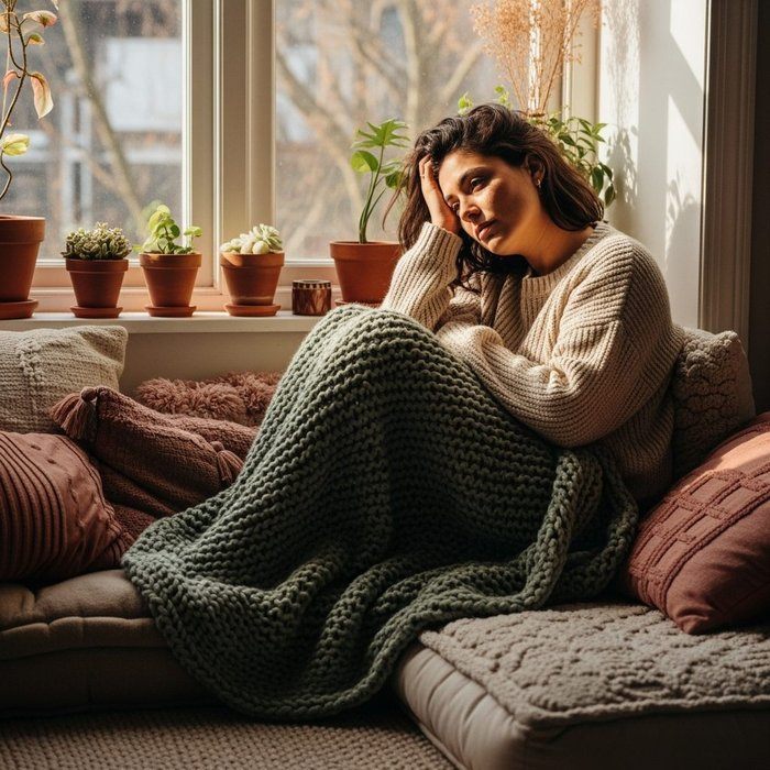Woman feeling disconnected and quietly sad at home