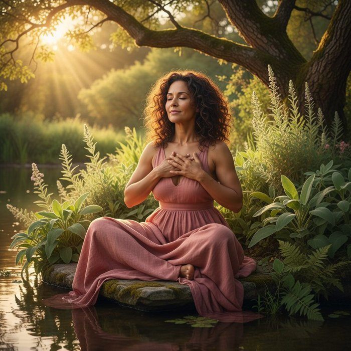 Woman at peace in nature, hands on her heart